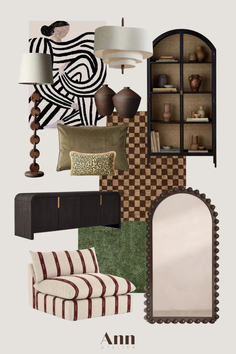 Planche tendance : mobilier, coussins, miroir en arche et motifs graphiques
