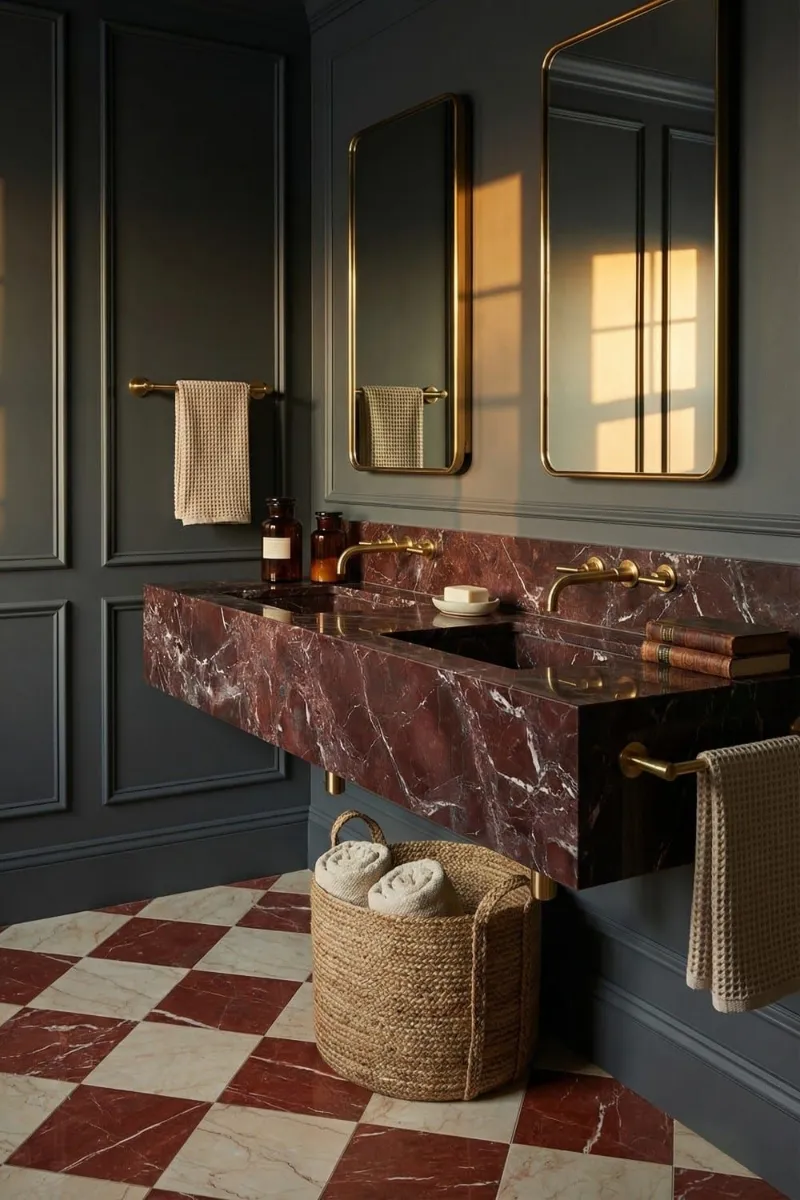 Salle de bain : vasque en marbre rouge et sol en damier