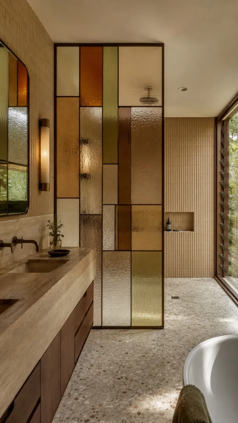 Salle de bain avec verrière en vitrail ambré et plan vasque en travertin