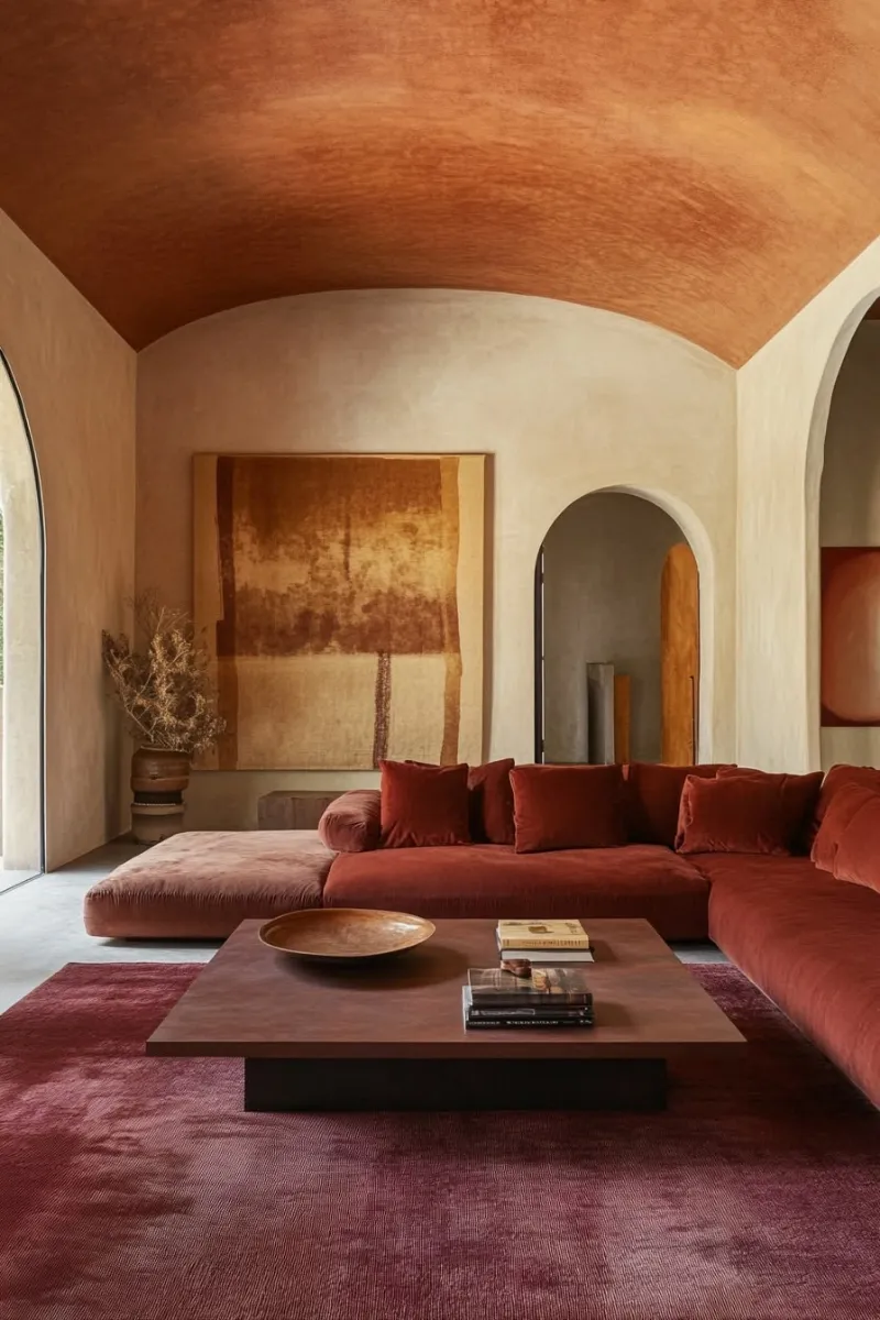 Salon voûté aux murs terracotta, canapé et tapis rouges